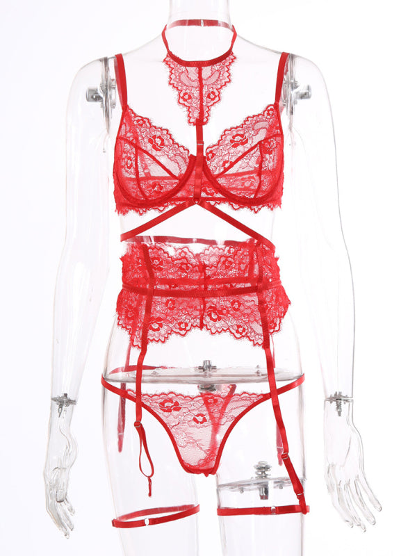 Lingerie Set- 3-Piece Lace Lingerie Set - Choker Bra & T-String & Garters Belt- - Chuzko Women Clothing