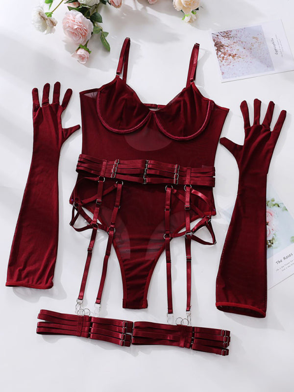 3-Piece Mesh Lingerie Set Bodysuit, Garter Belt, and Gloves