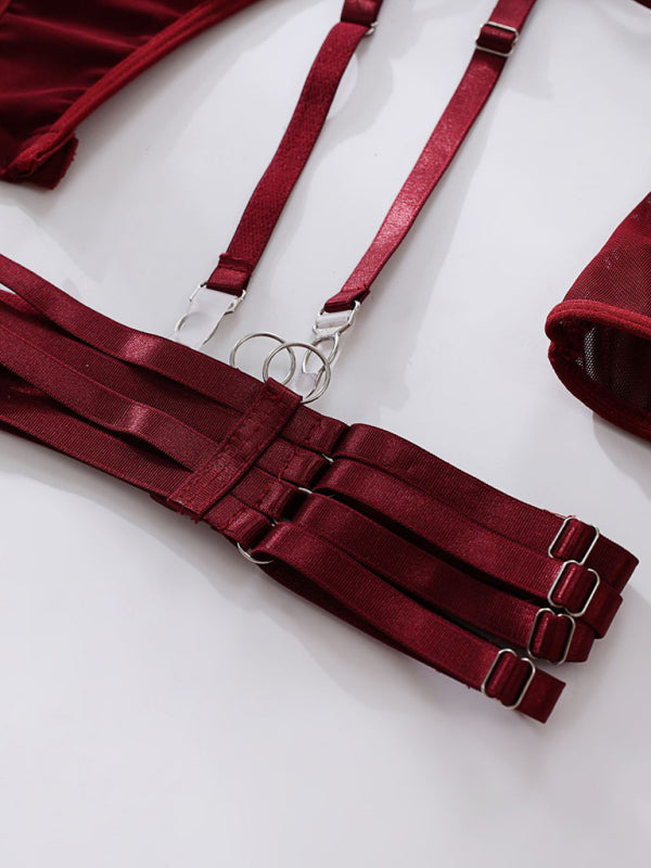 3-Piece Mesh Lingerie Set Bodysuit, Garter Belt, and Gloves