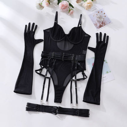 Ensemble de lingerie en maille 3 pièces, body, porte-jarretelles et gants