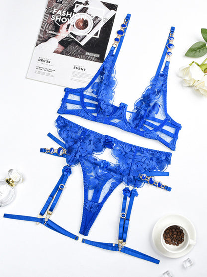 Lingerie Set- Mesh Lace Lingerie 3-Piece Bra, G-String Thong & Garter Belt Set- Blue- Chuzko Women Clothing