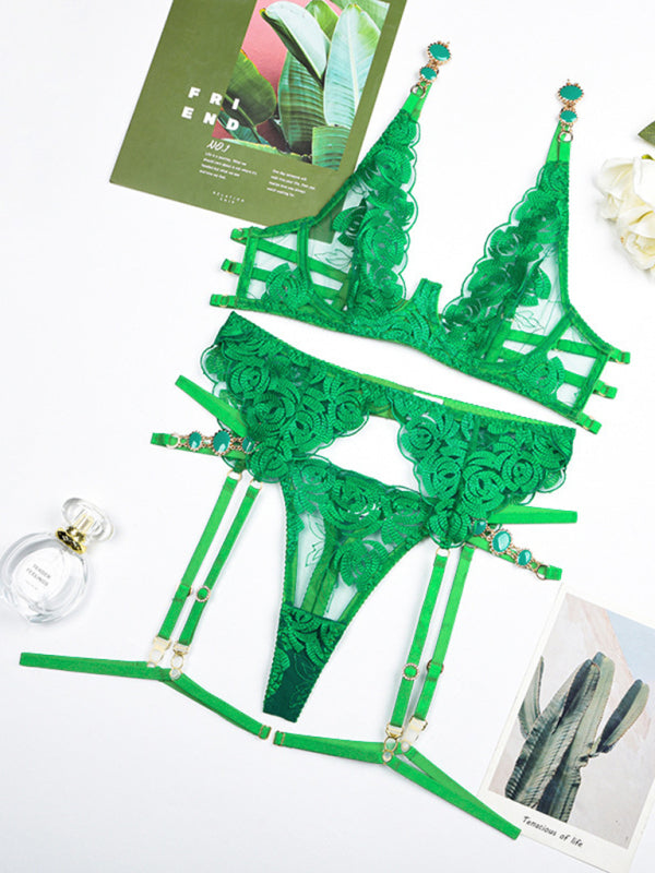 Lingerie Set- Mesh Lace Lingerie 3-Piece Bra, G-String Thong & Garter Belt Set- Green- Chuzko Women Clothing