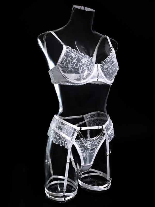 Lingerie Sets- Sheer Lace Bra, G-String & Garter Belt - 3-Piece Lingerie- Chuzko Women Clothing