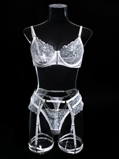 Lingerie Sets- Sheer Lace Bra, G-String & Garter Belt - 3-Piece Lingerie- Chuzko Women Clothing