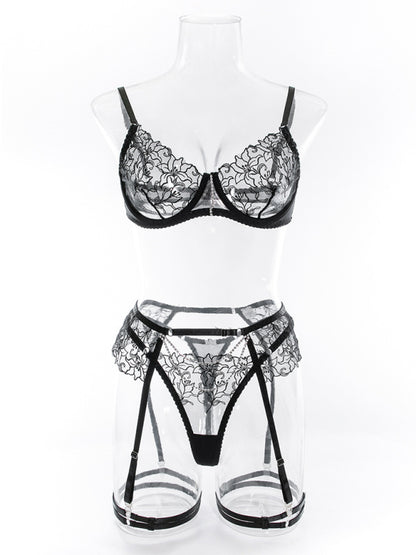 Lingerie Sets- Sheer Lace Bra, G-String & Garter Belt - 3-Piece Lingerie- Chuzko Women Clothing