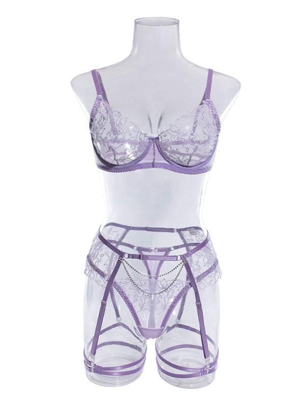 Lingerie Sets- Sheer Lace Bra, G-String & Garter Belt - 3-Piece Lingerie- Chuzko Women Clothing