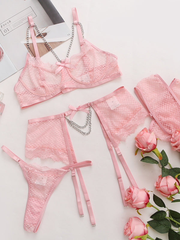 Transparentes Spitzen-Mesh-Dessous-Set aus BH und String mit Strumpfbändern