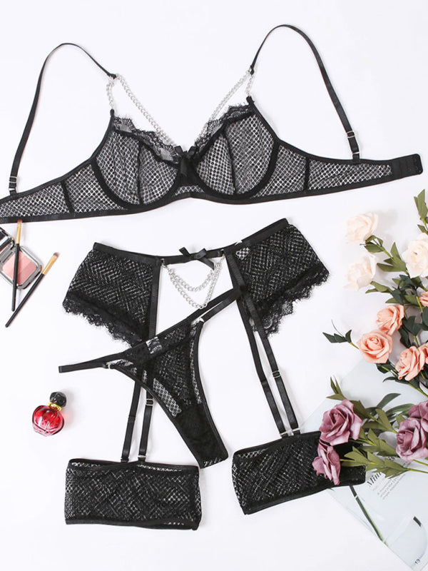 Transparentes Spitzen-Mesh-Dessous-Set aus BH und String mit Strumpfbändern