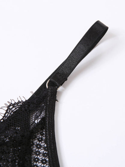 Ensemble de lingerie en maille et dentelle transparente, soutien-gorge et string avec jarretelles