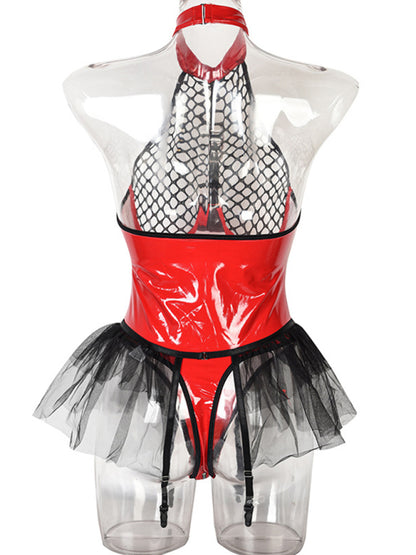 Lingerie- Tulle Lingerie Mesh Faux Leather Teddy Bodysuit with Garter Belt- Red- Chuzko Women Clothing