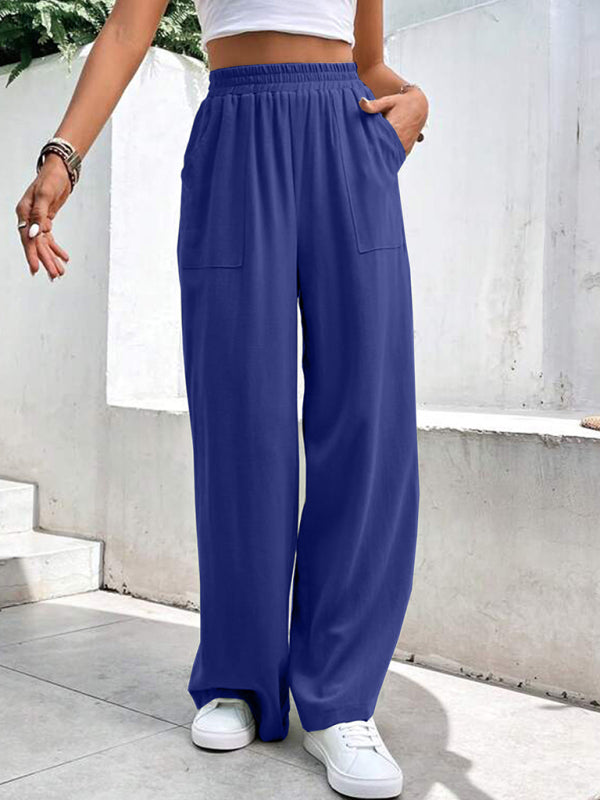 Loose Pants- Smocked Waist Solid Pants for Women's Lounge Wear- - Chuzko Women Clothing