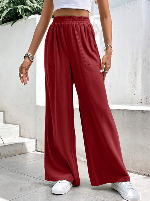 Loose Pants- Smocked Waist Solid Pants for Women's Lounge Wear- - Chuzko Women Clothing