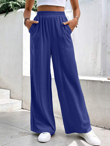 Loose Pants- Smocked Waist Solid Pants for Women's Lounge Wear- Purplish blue navy- Chuzko Women Clothing