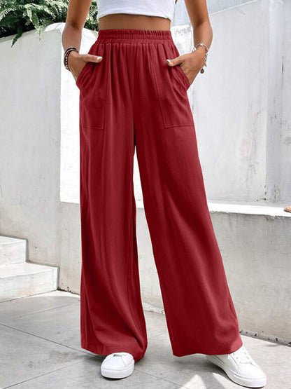 Loose Pants- Smocked Waist Solid Pants for Women's Lounge Wear- Wine Red- Chuzko Women Clothing