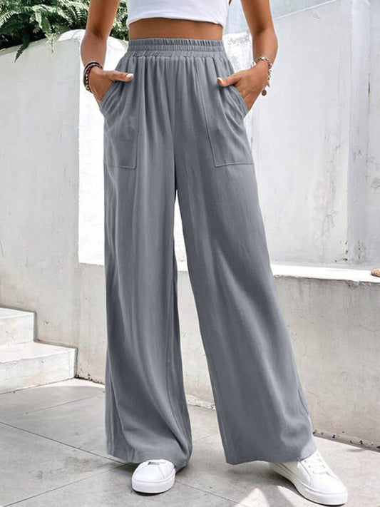Loose Pants- Smocked Waist Solid Pants for Women's Lounge Wear- Grey- Chuzko Women Clothing