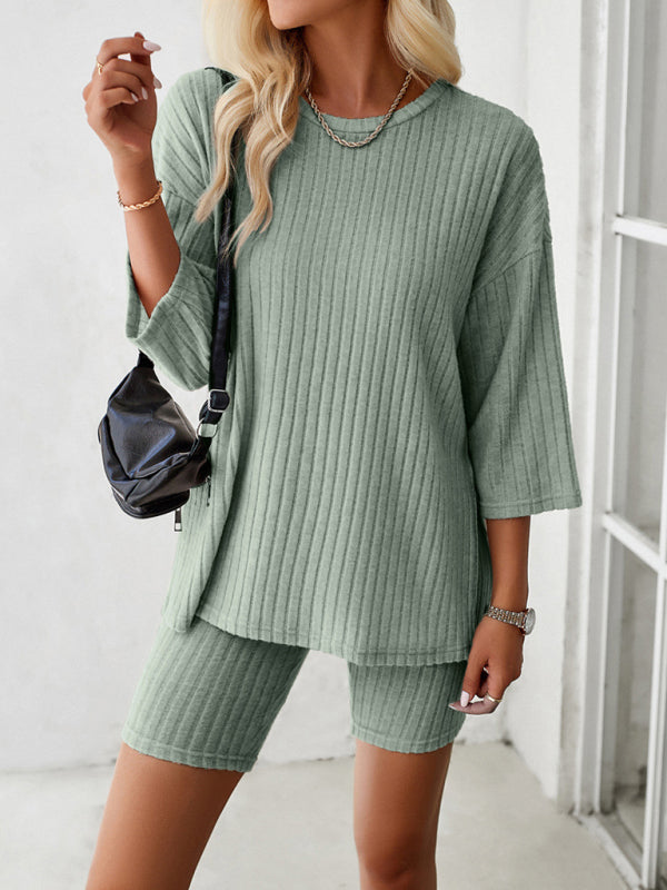 Lounge Outfit- Rib-Knit Duo Crew-Neck Pullover and Bike Shorts Lounge Set- Chuzko Women Clothing