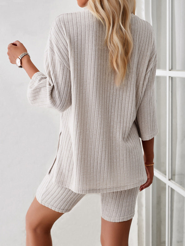 Lounge Outfit- Rib-Knit Duo Crew-Neck Pullover and Bike Shorts Lounge Set- Chuzko Women Clothing
