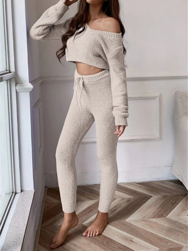 Lounge Suit- Lounger Suit Knit Plush Crop Sweater and Pants- Chuzko Women Clothing