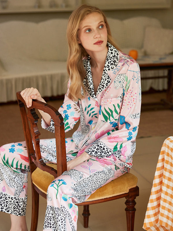 Loungewear- 2 Piece Pajama Set in Floral Leopard Print - Shirt & Pants- Chuzko Women Clothing