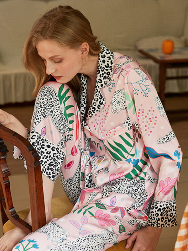Loungewear- 2 Piece Pajama Set in Floral Leopard Print - Shirt & Pants- Chuzko Women Clothing