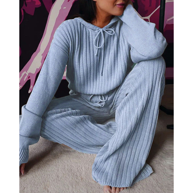 Loungewear- Essential Ribbed 2-Piece Loungewear - Cotton Blend Hooded Pullover and Pants- Chuzko Women Clothing