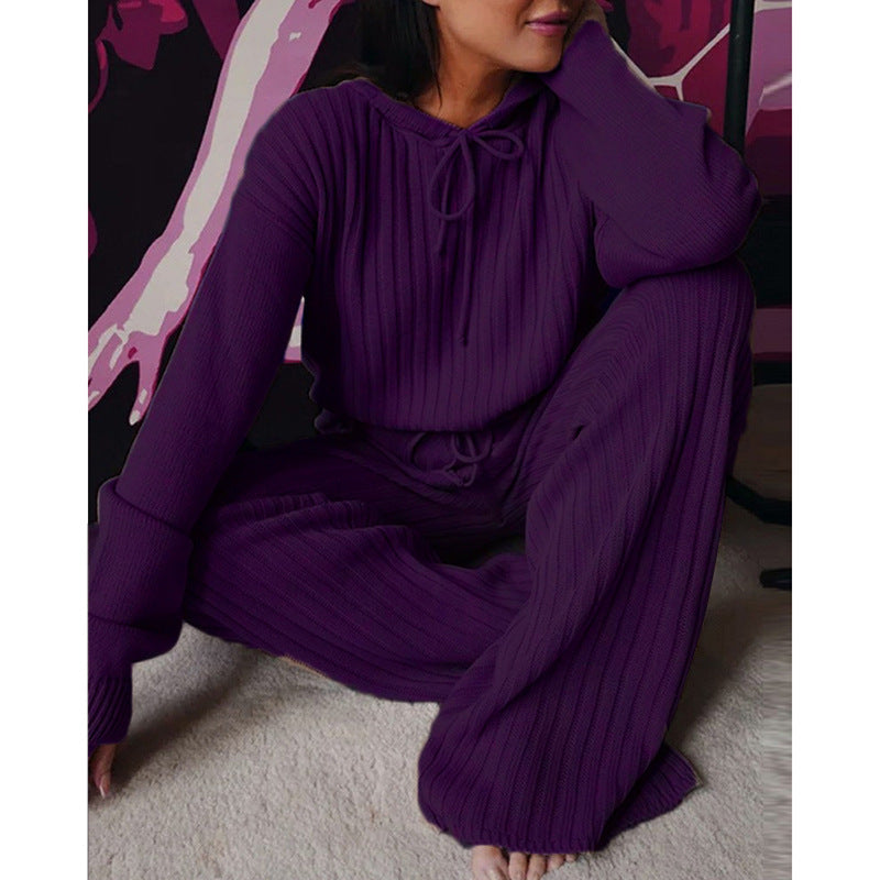 Loungewear- Essential Ribbed 2-Piece Loungewear - Cotton Blend Hooded Pullover and Pants- Chuzko Women Clothing