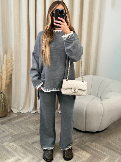 Knit Embroidered 2-Piece Loungewear - Cozy Sweater & Pants