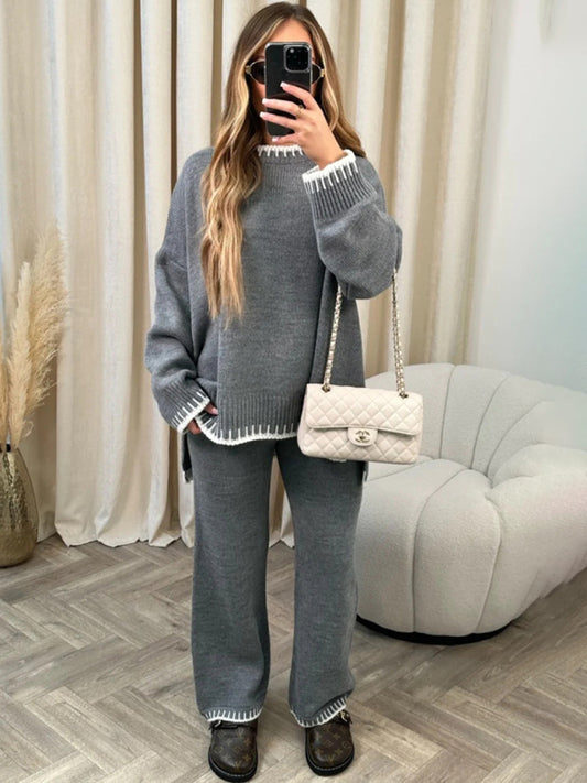 Gestrickte, bestickte 2-teilige Loungewear – gemütlicher Pullover und Hose