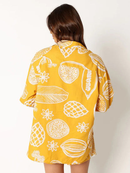 Leaf Print Summer Lounge Set - 2 Piece Shorts & Long Sleeves Shirt