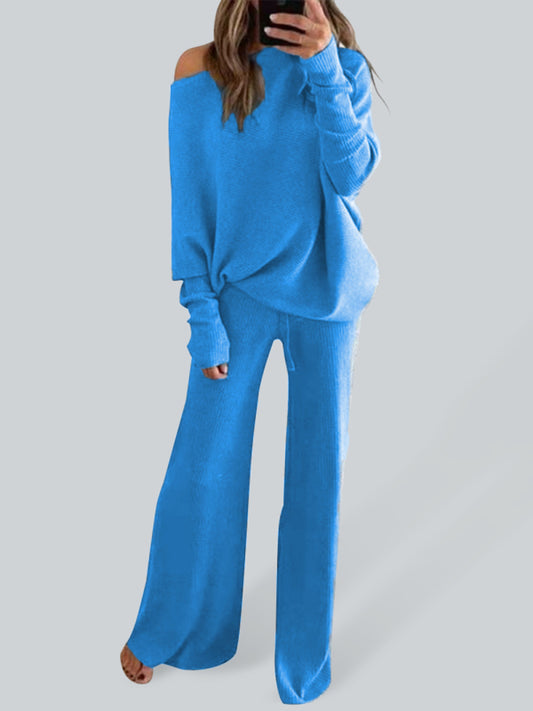 Lightweight Loungewear 2-Piece Set - Ribbed Knit Pants & One-Shoulder Top