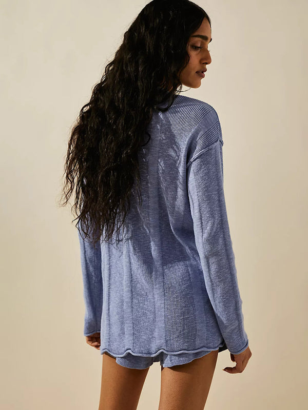 Comfy Knit 2-Piece Loungewear Long Sleeve T-Shirt & Matching Shorts