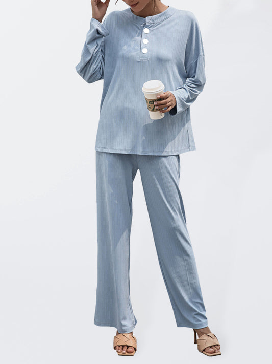 Relax Fit 2-teilige gerippte Loungewear – Langarm-T-Shirt und bequeme Hose