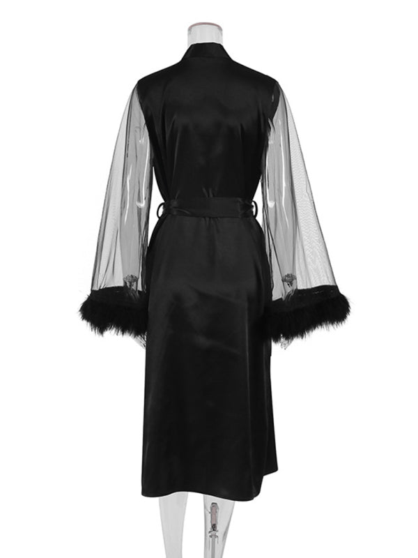 Satin Night Robe | Belted Wrap Sleepwear with Mesh Feather Bell Sleeves