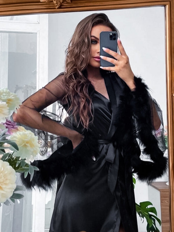 Satin Night Robe | Belted Wrap Sleepwear with Mesh Feather Bell Sleeves