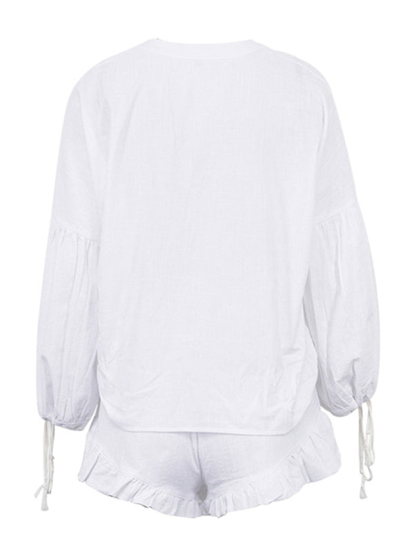 Summer Cotton Solid 2-Piece - Elastic Waist Shorts & Long Sleeve Top