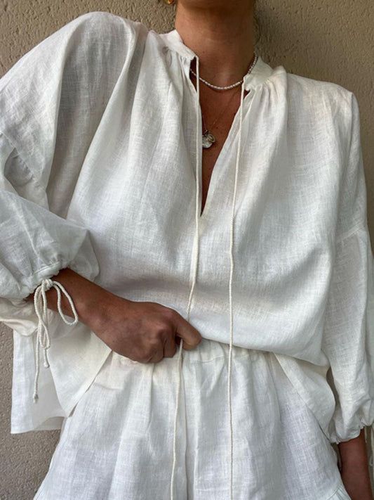 Sommer-Baumwoll-Einteiler, 2-teilig – Shorts mit elastischem Bund und langärmliges Oberteil