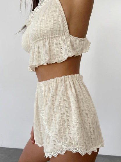 Summer Romance Textured Loungewear with Lace | Cami Top & Boyshorts