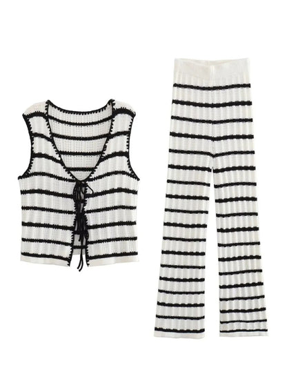 Summer Stripe Knit Loungewear | Tie-Front Tank Top and Pants Set