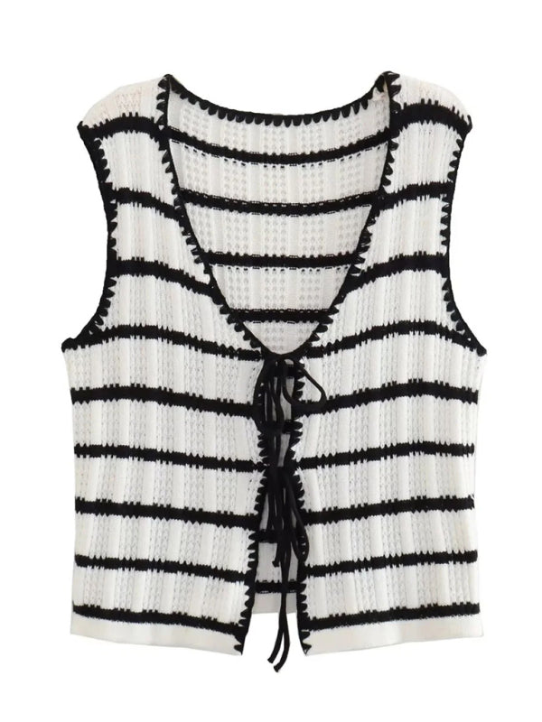 Summer Stripe Knit Loungewear | Tie-Front Tank Top and Pants Set