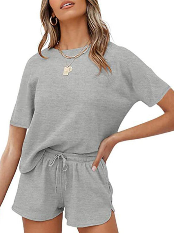 Loungewear- Summer Textured Cotton Loungewear | Short Sleeve Tee and Shorts- Chuzko Women Clothing