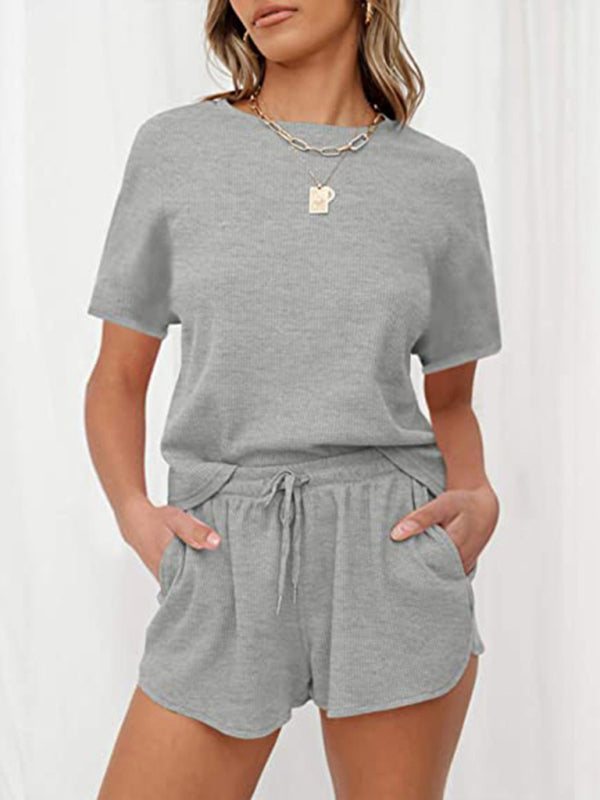 Loungewear- Summer Textured Cotton Loungewear | Short Sleeve Tee and Shorts- Chuzko Women Clothing