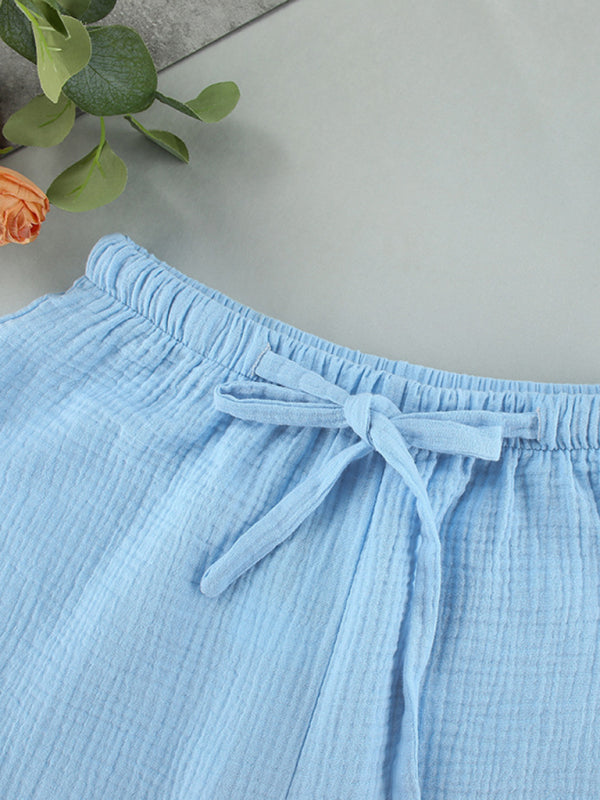 Loungewear- Texture 2-Piece Lounge Set Button-Up Shirt + Comfy Shorts- Chuzko Women Clothing