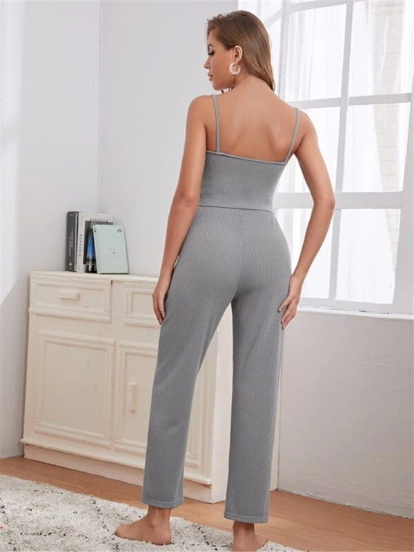 Loungewear- Women's 3 Piece Textured Loungewear Set - Pants, Cami & Cardigan- - Chuzko Women Clothing