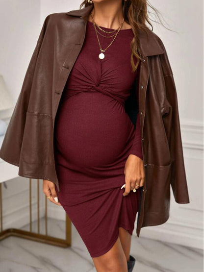 Bump-Hugging Maternity Knitted Bodycon Dress with Long Sleeves