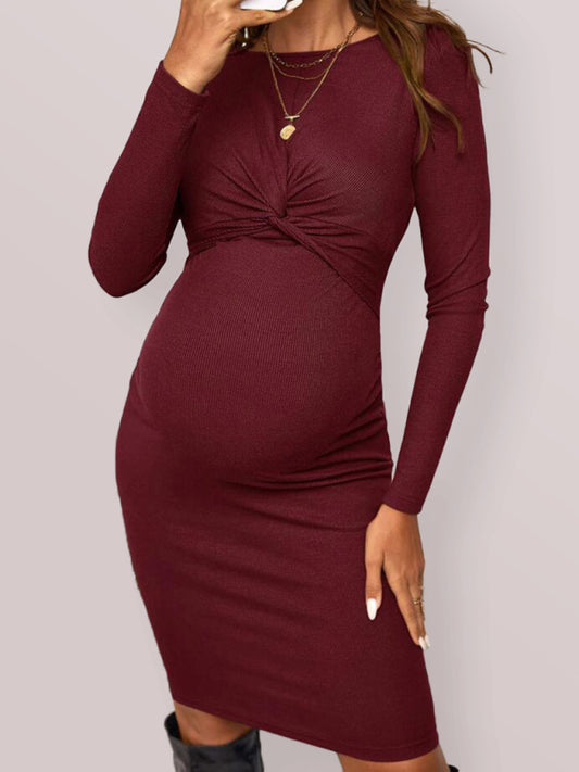 Bump-Hugging Maternity Knitted Bodycon Dress with Long Sleeves