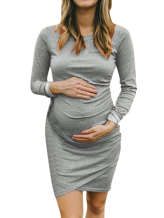 Maternity Dresses- Bump-Hugging Solid Long Sleeve Maternity Bodycon Dress- Grey- Chuzko Women Clothing