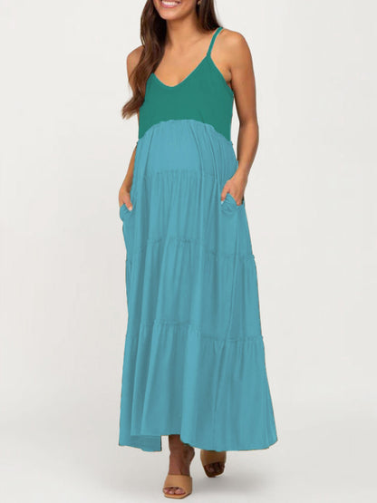 Maternity Dresses- Maternity Color Block Tiered Cami Maxi Dress for Moms-to-Be- Green black jasper- Chuzko Women Clothing