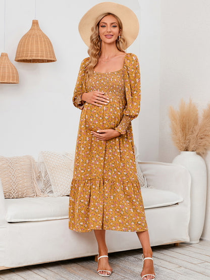 Maternity Dresses- Motherhood Floral Lantern Sleeve Maternity Dress for Baby Showers- Yellow- Chuzko Women Clothing