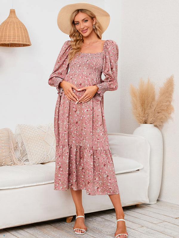 Maternity Dresses- Motherhood Floral Lantern Sleeve Maternity Dress for Baby Showers- - Chuzko Women Clothing