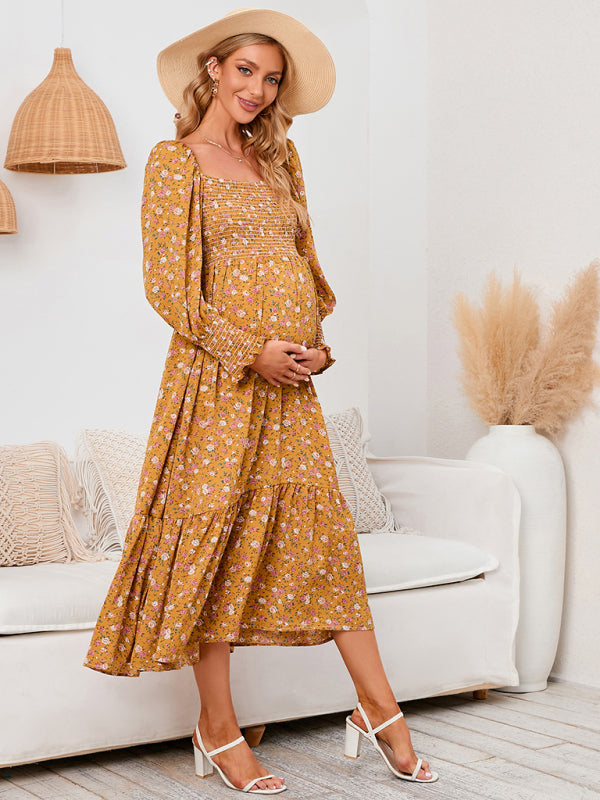 Maternity Dresses- Motherhood Floral Lantern Sleeve Maternity Dress for Baby Showers- - Chuzko Women Clothing